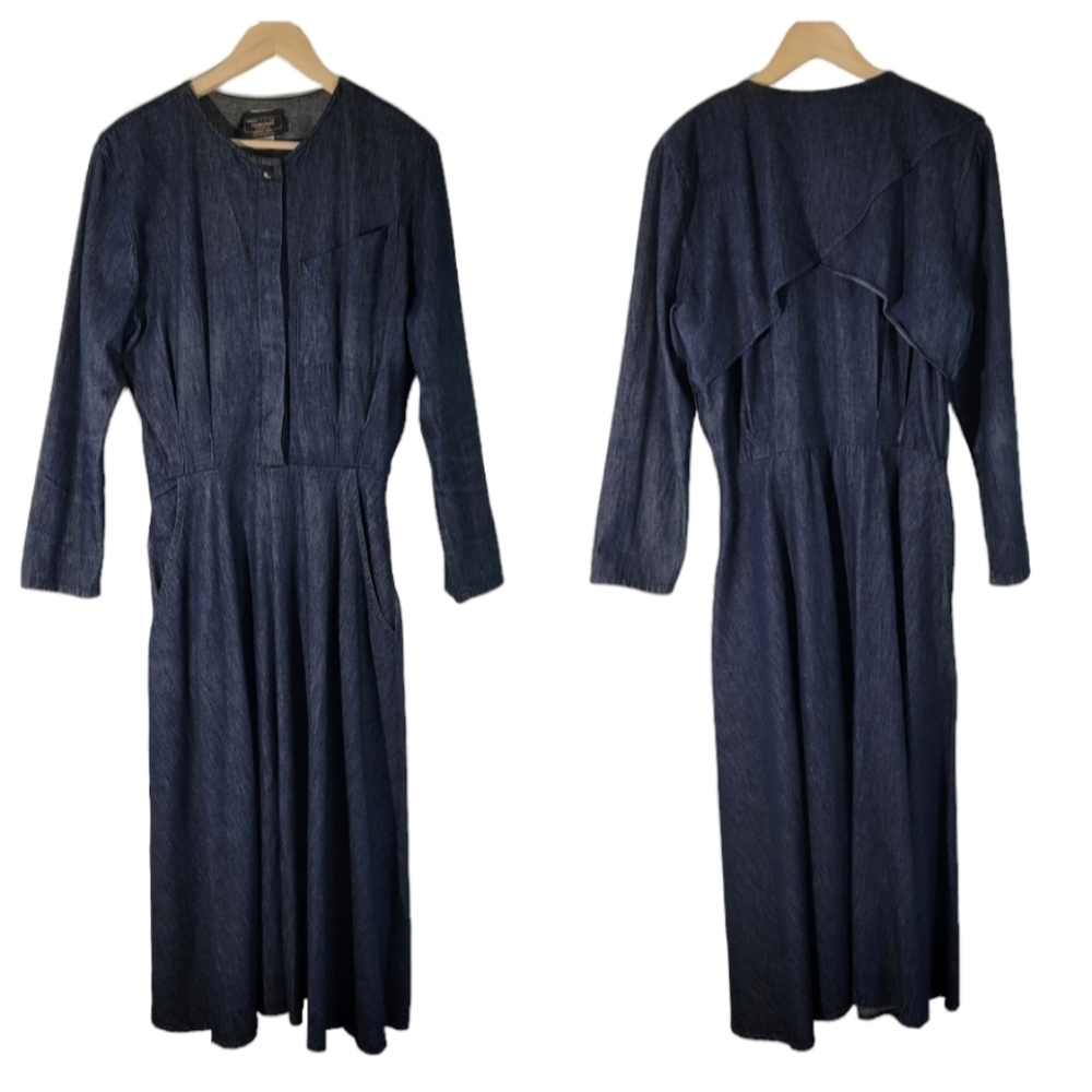 VTG PG Collections Women Denim Midi Dress Sz 10 Long Sleeve Pocket Side Zip